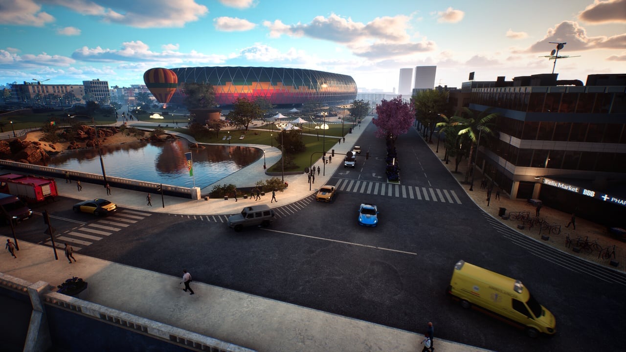 Bus Simulator 27 gameplay: aerial view of Felicia Bay streets, park, and stadium